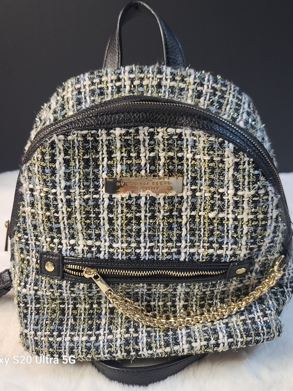 Laundry By Shelli Segal Black, White & Green Tweed Mini Backpack